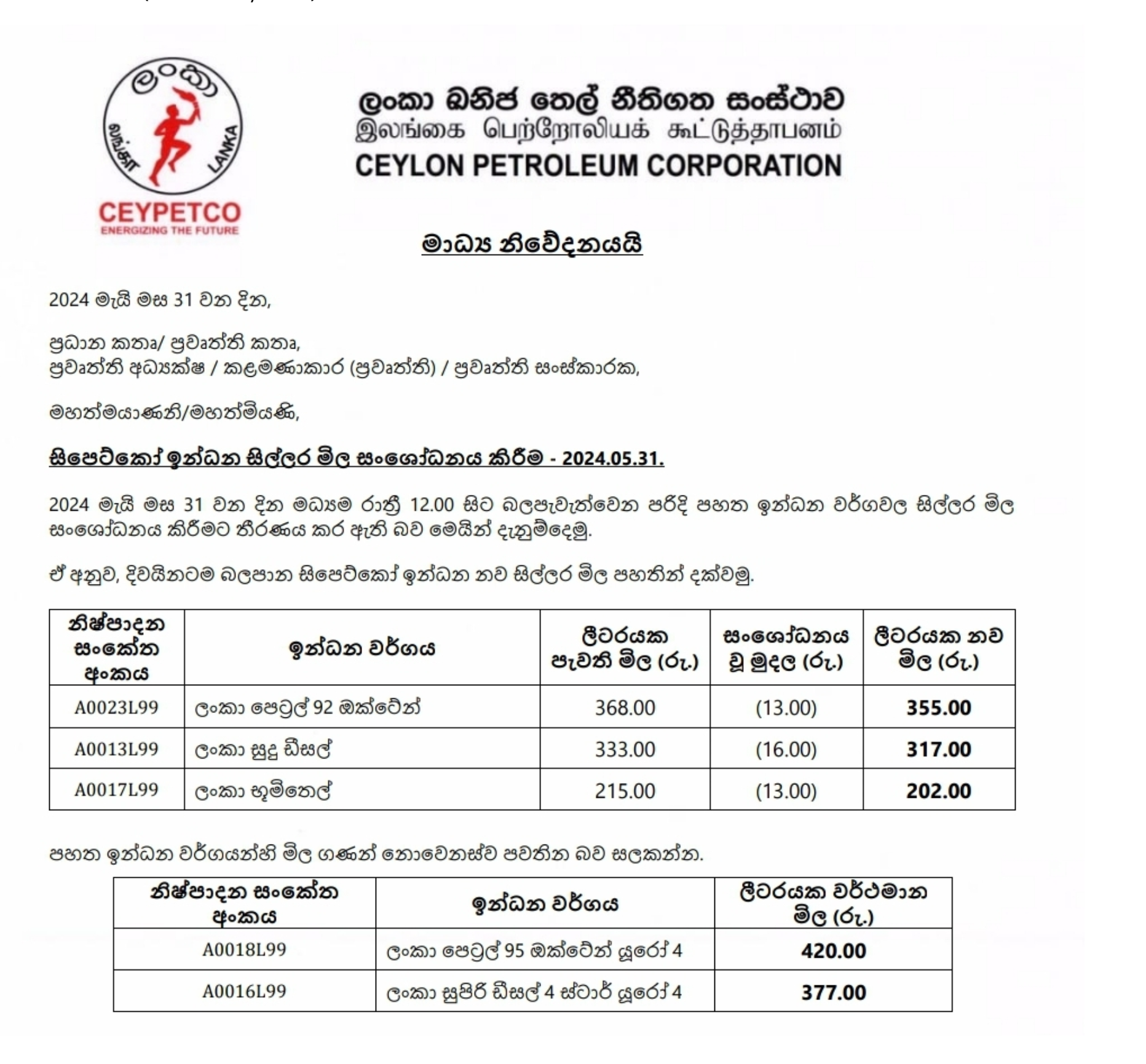 fuel price sri lanka