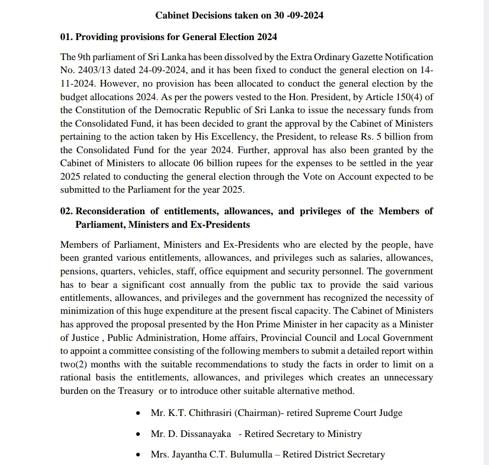 Discover the key decisions from President Anura Kumara Dissanayake’s first cabinet meeting, including election funding and a review of MP privileges.