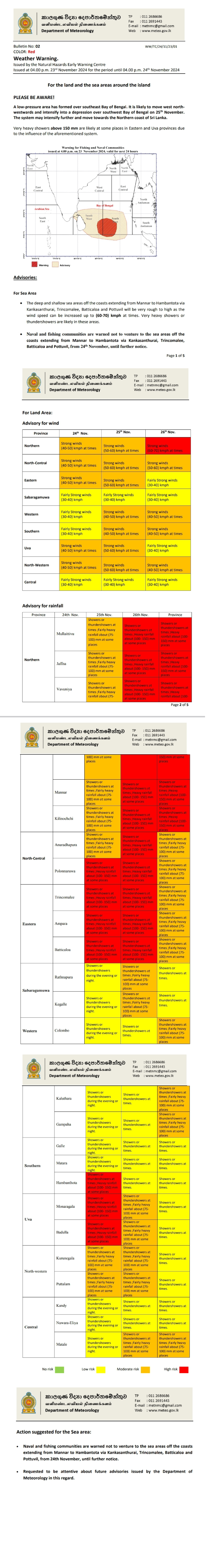 Red Alert Weather Warning for Sri Lanka November 24th to 26th