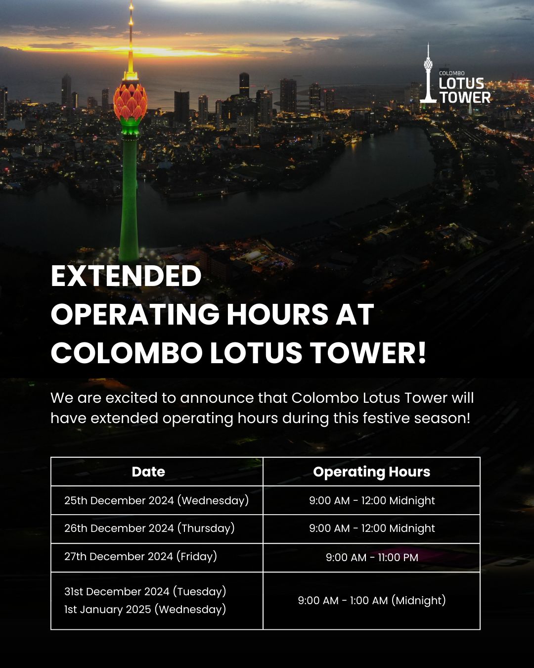 Lotus Tower Extends Operating Hours Till January 2: A Festive Beacon in Colombo