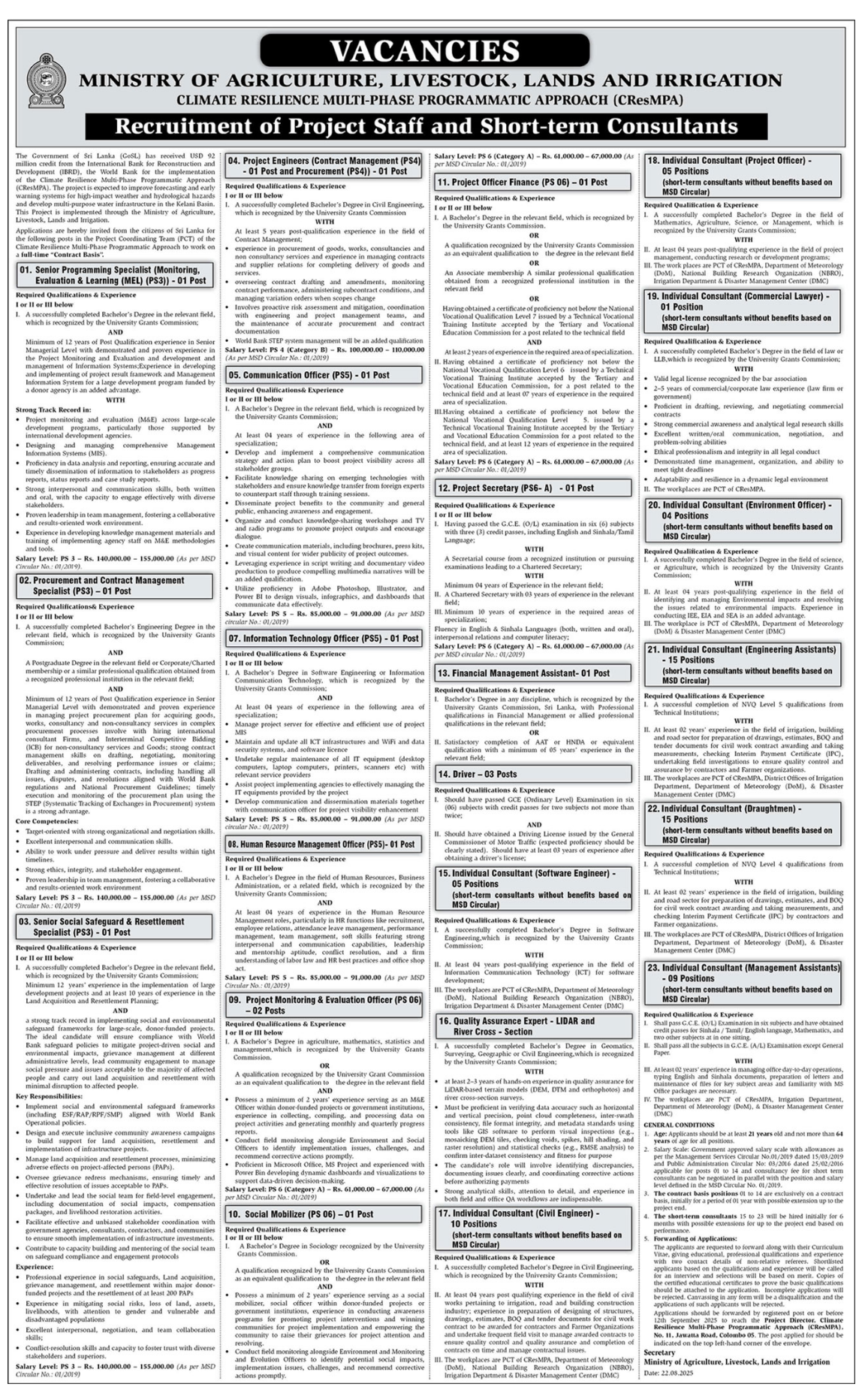 Sri Lanka’s Ministry of Agriculture Unveils Climate Resilience Project Staff Recruitment — Multiple Specialist Roles Open
